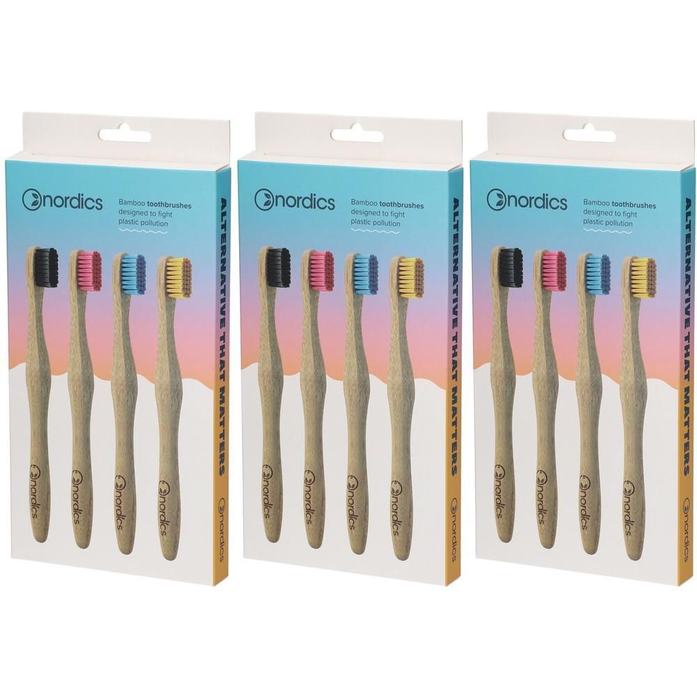 Drei Packungen Nordics Bambus Zahnbürsten mit farbigen Borsten (schwarz, pink, blau, gelb).