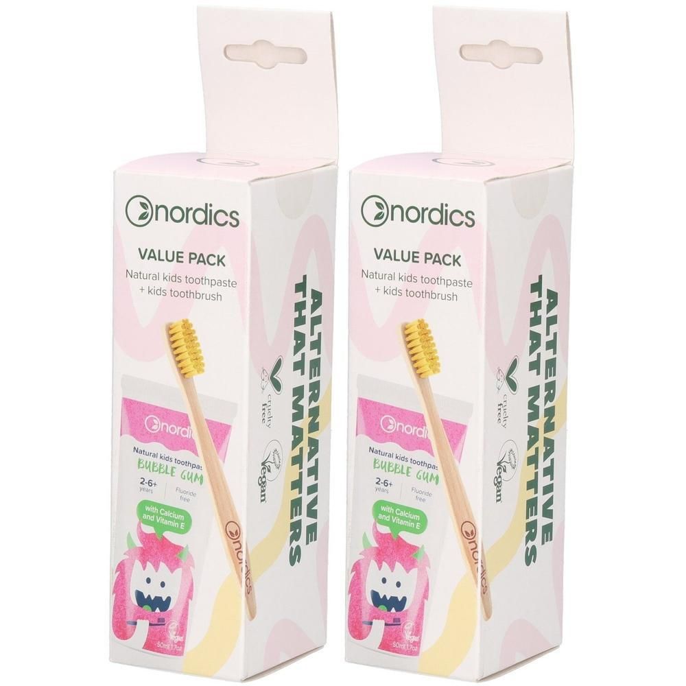 Zwei Packungen Nordics Zahnpasta für Kinder mit Zahnbürste. Natürliche Kinderzahnpasta, Geschmacksrichtung Bubble Gum.