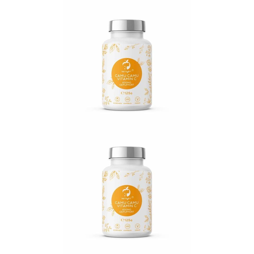 Zwei weiße Flaschen mit silbernen Deckeln. Auf jeder Flasche befindet sich ein orangefarbener Aufkleber mit Text: CAMU CAMU VITAMIN C.