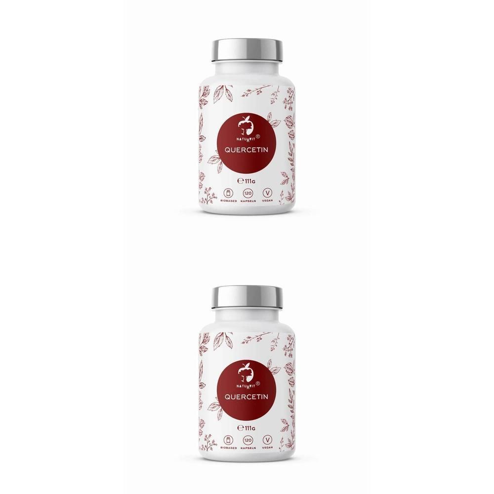 Zwei weiße Flaschen mit silbernen Deckeln. Auf jeder Flasche ein rotes Etikett mit der Aufschrift "Quercetin".