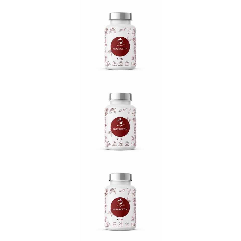 Drei weiße Flaschen mit silbernen Deckeln. Auf jeder Flasche ein rotes Etikett mit der Aufschrift "QUERCETIN".