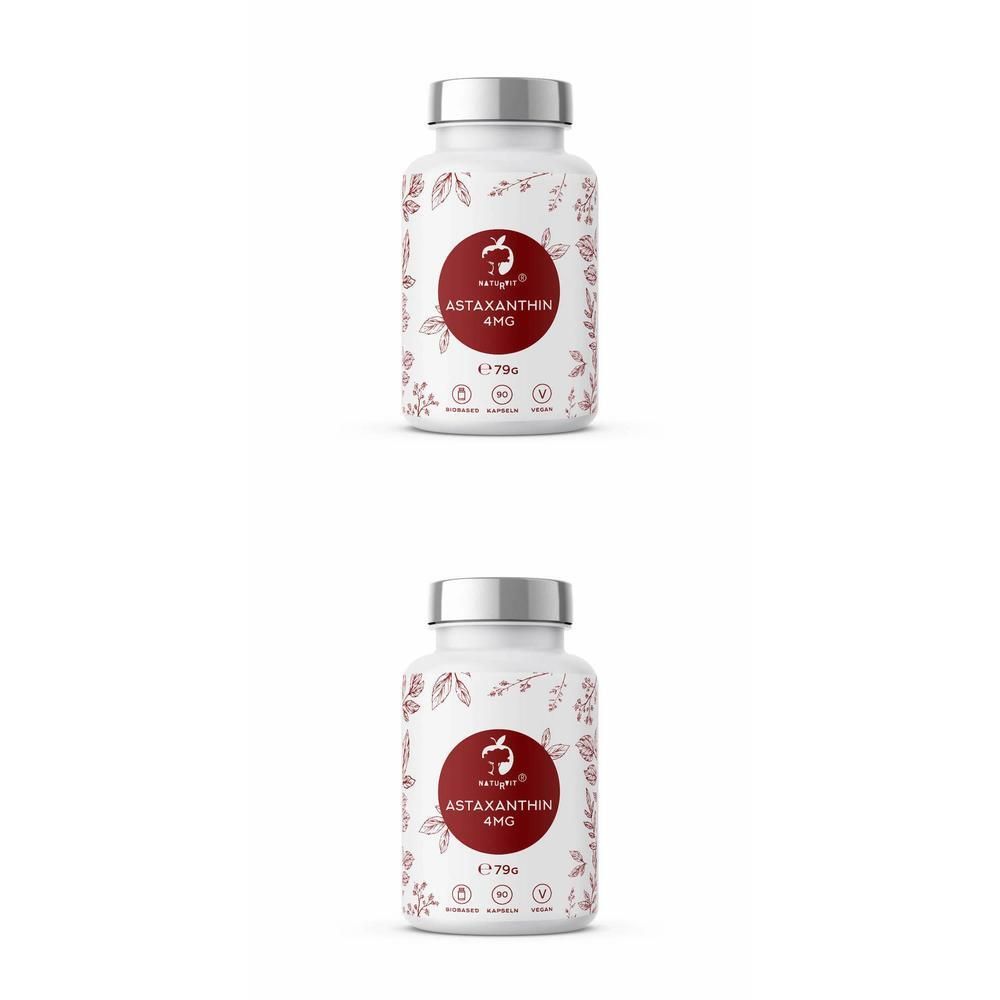 Zwei weiße Flaschen mit silbernen Deckeln. Auf jeder Flasche ein rotes Etikett mit der Aufschrift "ASTAXANTHIN 4MG".