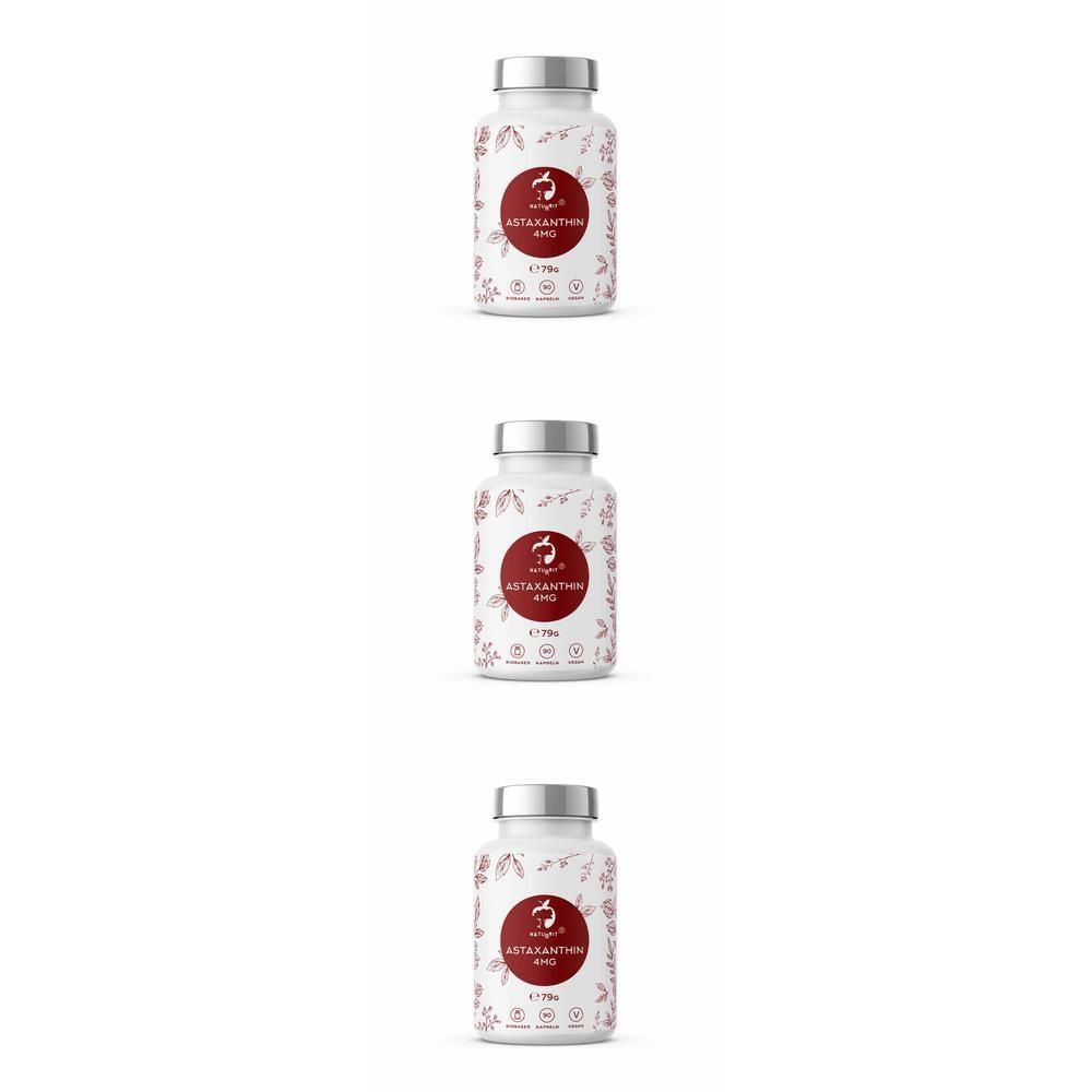 Drei weiße Flaschen mit silbernen Deckeln. Roter Aufkleber mit Text: ASTAXANTHIN 4MG. Pflanzenmuster.