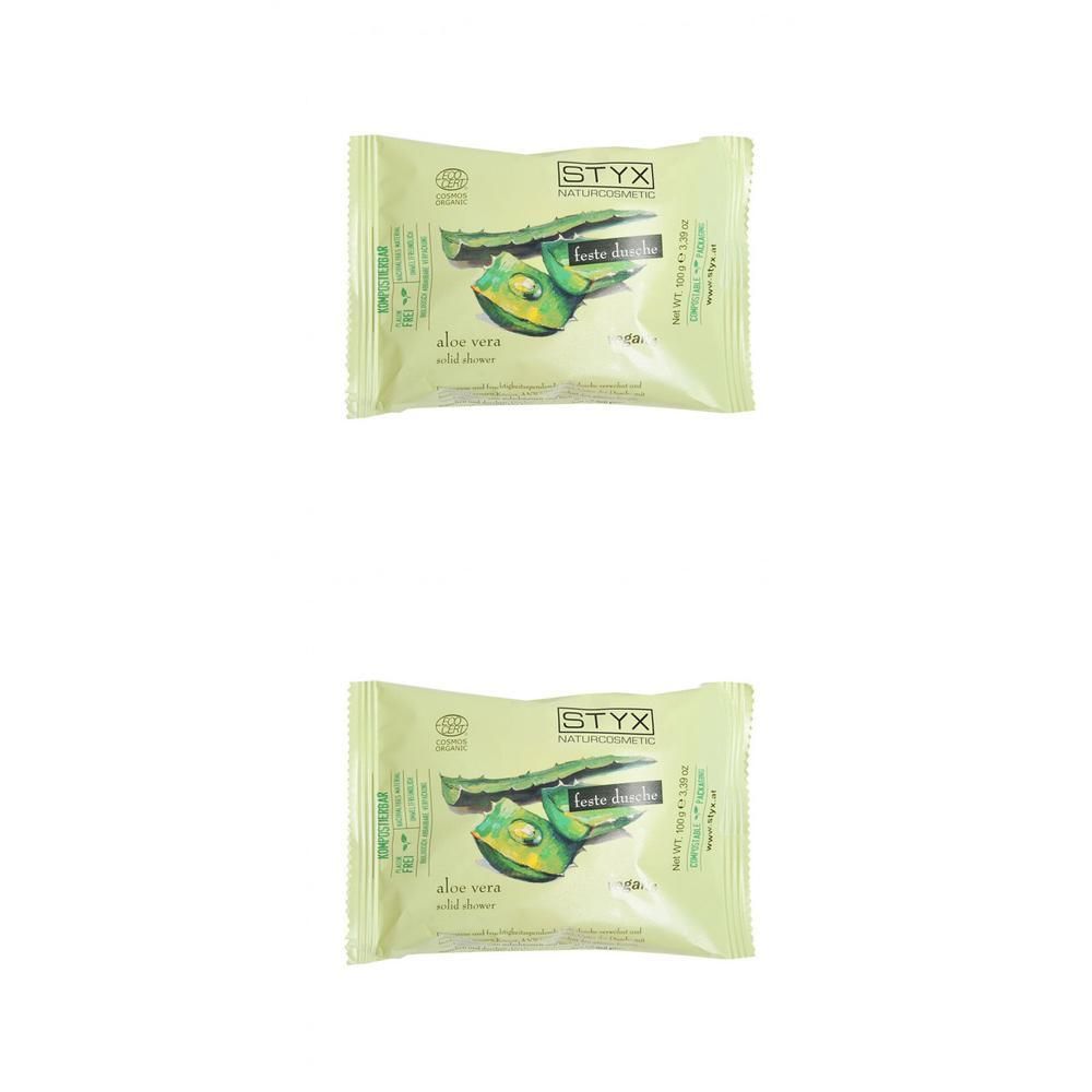 Zwei rechteckige, hellgrüne Verpackungen. Aufdruck: STYX, Aloe Vera, feste Dusche. Abbildung einer Aloe Vera Pflanze.