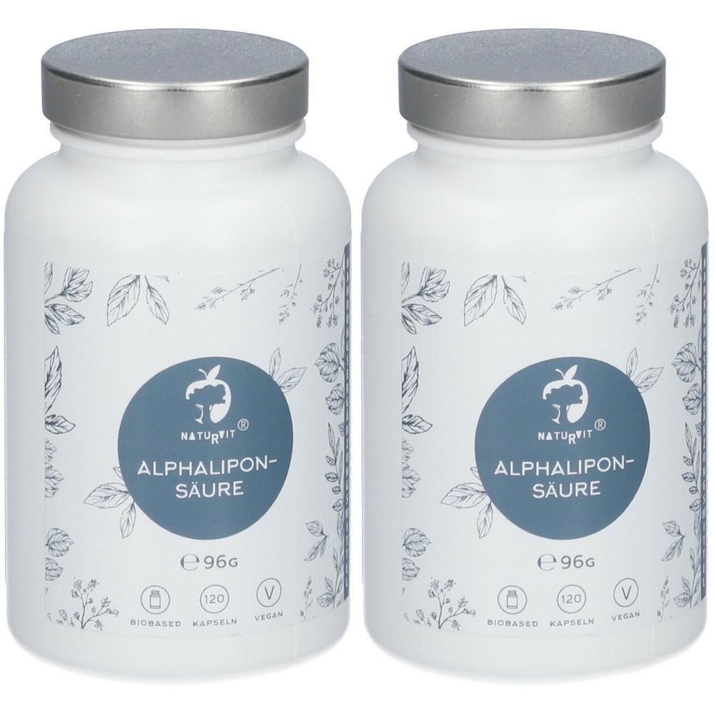 Zwei weiße Flaschen mit silbernen Deckeln. Auf jeder Flasche befindet sich ein blaues Etikett mit der Aufschrift "ALPHALIPONSÄURE" und dem Logo.