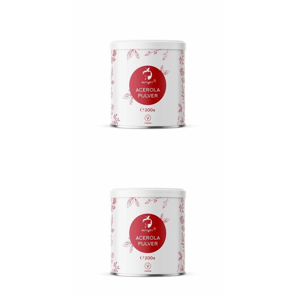 Zwei weiße Dosen mit rotem Etikett. Aufschrift: ACEROLA PULVER, veganes Logo. Blättermuster.