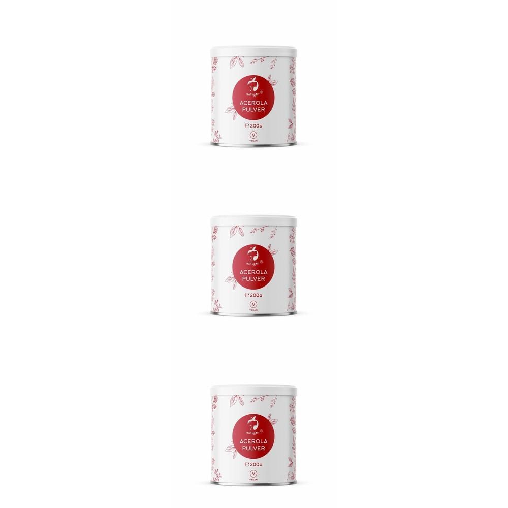 Drei Dosen NATURVIT® ACEROLA PULVER. Weiße Dosen mit rotem Etikett und Schriftzug. Roter Kreis mit Logo.