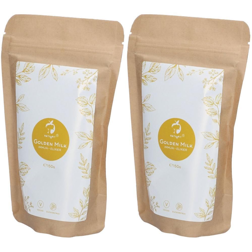 Zwei Beutel NATURVIT® GOLDEN MILK. Braune Papierverpackung mit weißem Etikett und goldenem Schriftzug. Vegan-Siegel.