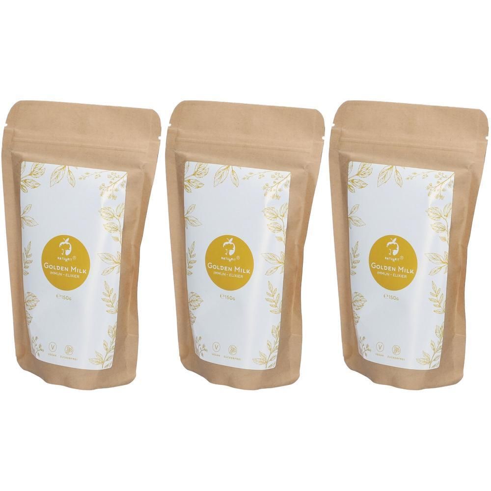 Drei Beutel NATURVIT® GOLDEN MILK. Braune Beutel mit weißem Etikett und goldenem Logo. Reißverschluss oben.