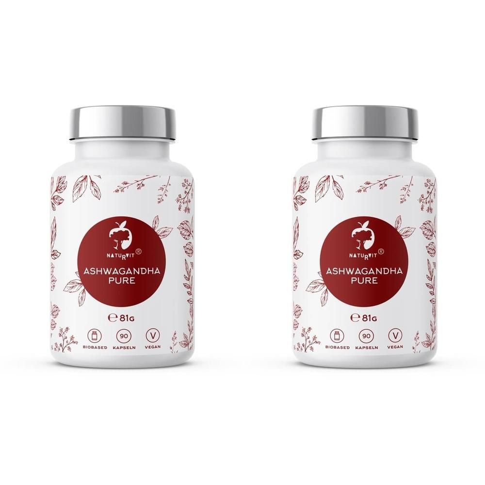 Zwei weiße Flaschen mit silbernen Deckeln. Auf jeder Flasche befindet sich ein rotes Etikett mit der Aufschrift "ASHWAGANDHA PURE".