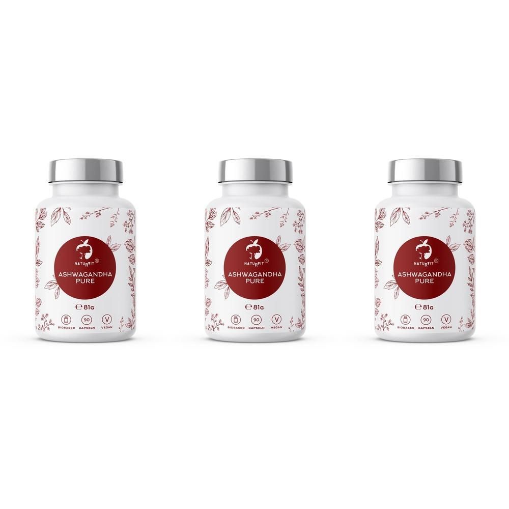 Drei weiße Flaschen mit silbernen Deckeln. Auf jeder Flasche steht "ASHWAGANDHA PURE". Roter Kreis mit Logo.