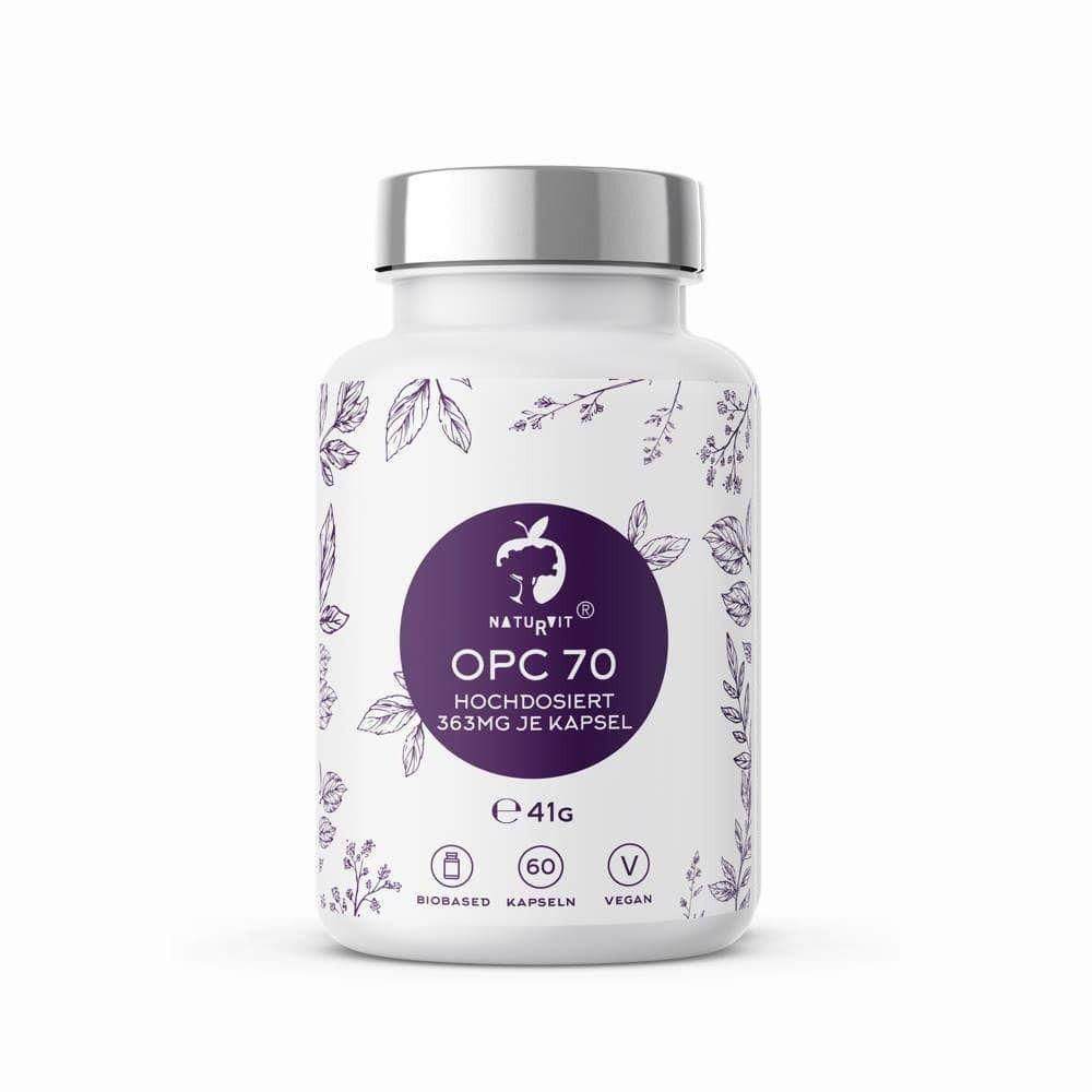 Weiße Flasche mit silbernem Deckel. Aufschrift OPC 70, hochdosiert. Lila Kreis mit Logo. 60 Kapseln, vegan.