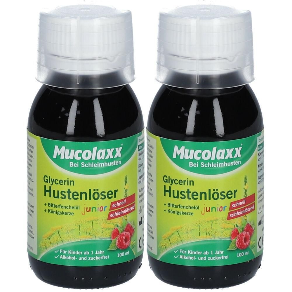 Zwei Flaschen Mucolaxx® Glycerin Hustenlöser junior, 100ml. Für Kinder ab 1 Jahr, Alkohol- und zuckerfrei.