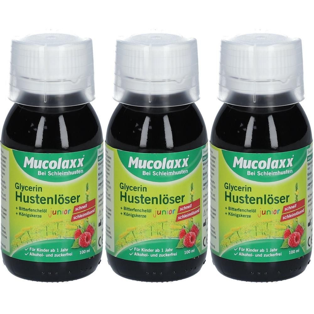Drei Flaschen Mucolaxx® Glycerin Hustenlöser junior mit weißem Schraubverschluss. Grüne Etiketten mit Produktinformationen und Himbeeren.