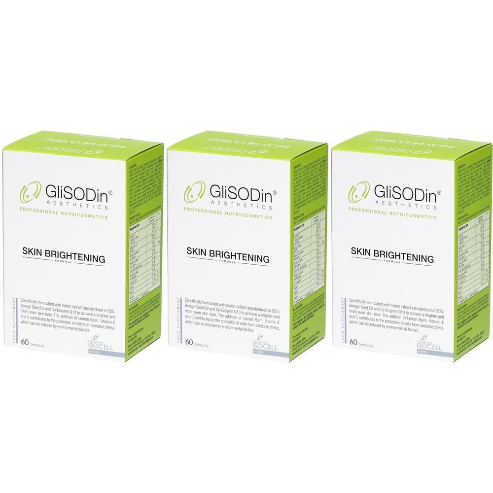 Drei Schachteln GLISODIN SKIN BRIGHTENING. Weiße Schachteln mit grünem Deckel. Aufschrift: SKIN BRIGHTENING. 60 Kapseln.