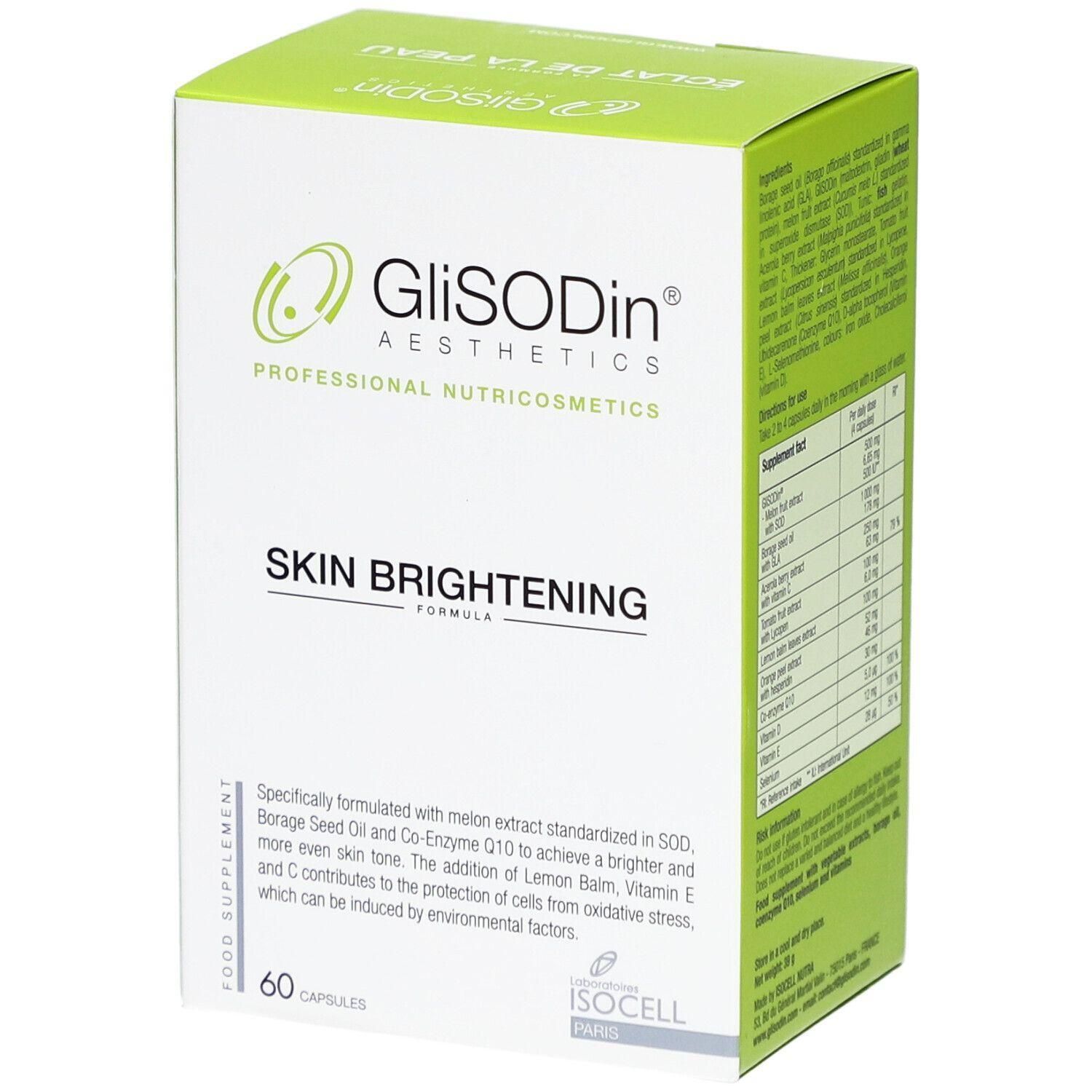Weiß-grüne Schachtel mit Produktinformationen. Aufschrift: GliSODin, Skin Brightening. Enthält 60 Kapseln. ISOcell-Logo.