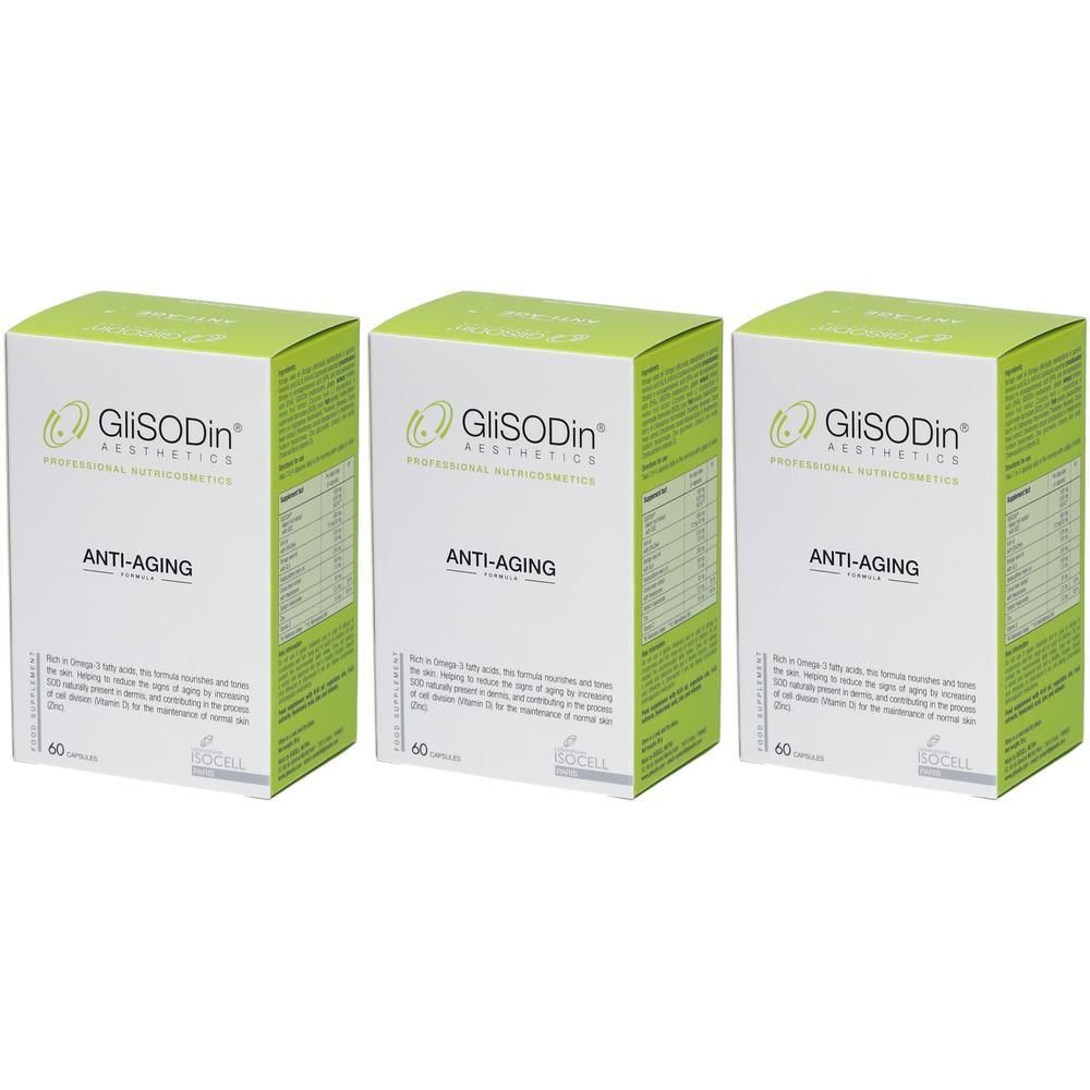 Drei rechteckige Schachteln. Aufschrift: GliSODin, Anti-Aging. Jede Schachtel enthält 60 Kapseln. Grün-weiße Verpackung.
