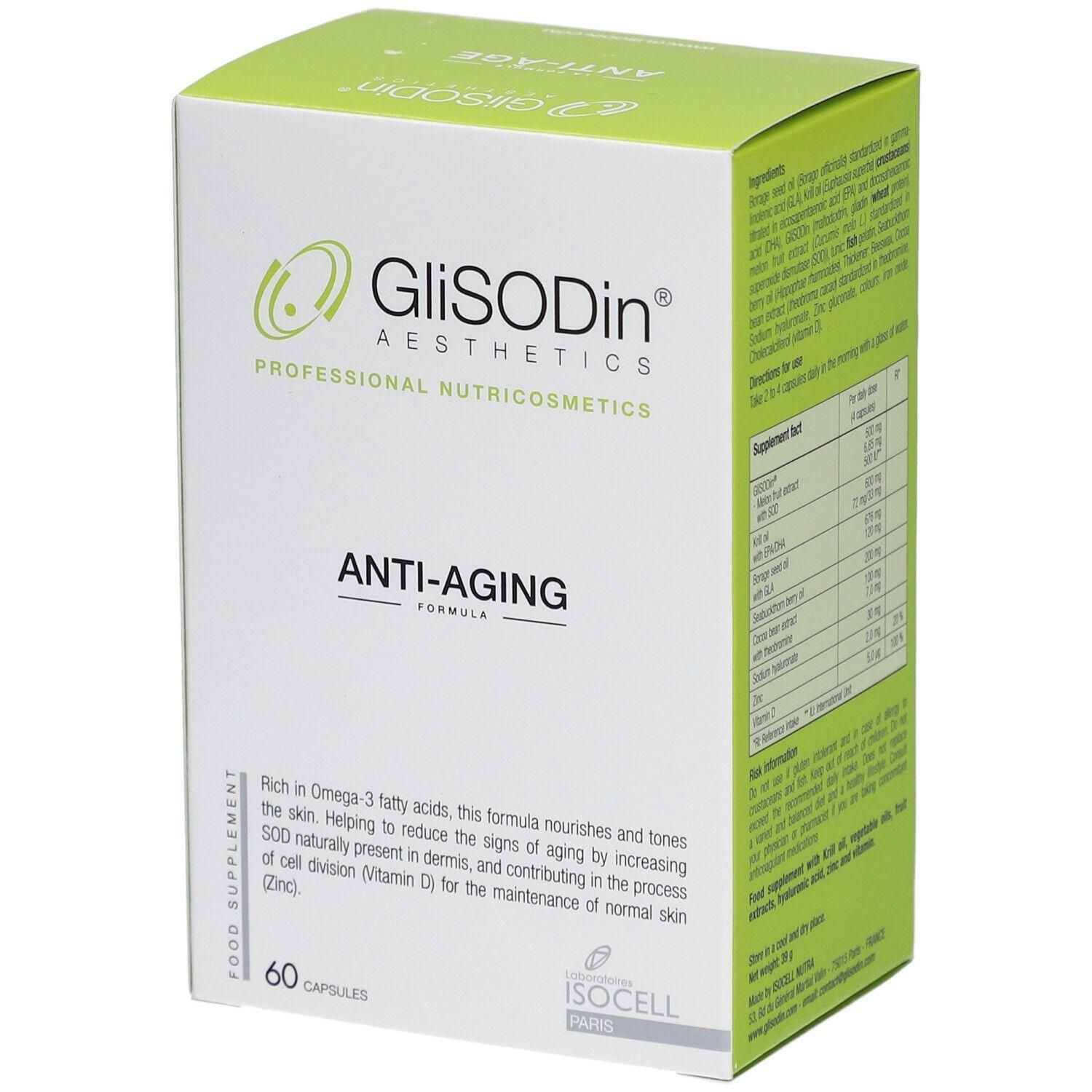 Karton mit GLISODIN ANTI-AGING. Weiß, grün. Aufschrift: ANTI-AGING FORMULA, 60 Kapseln. Enthält Omega-3-Fettsäuren.