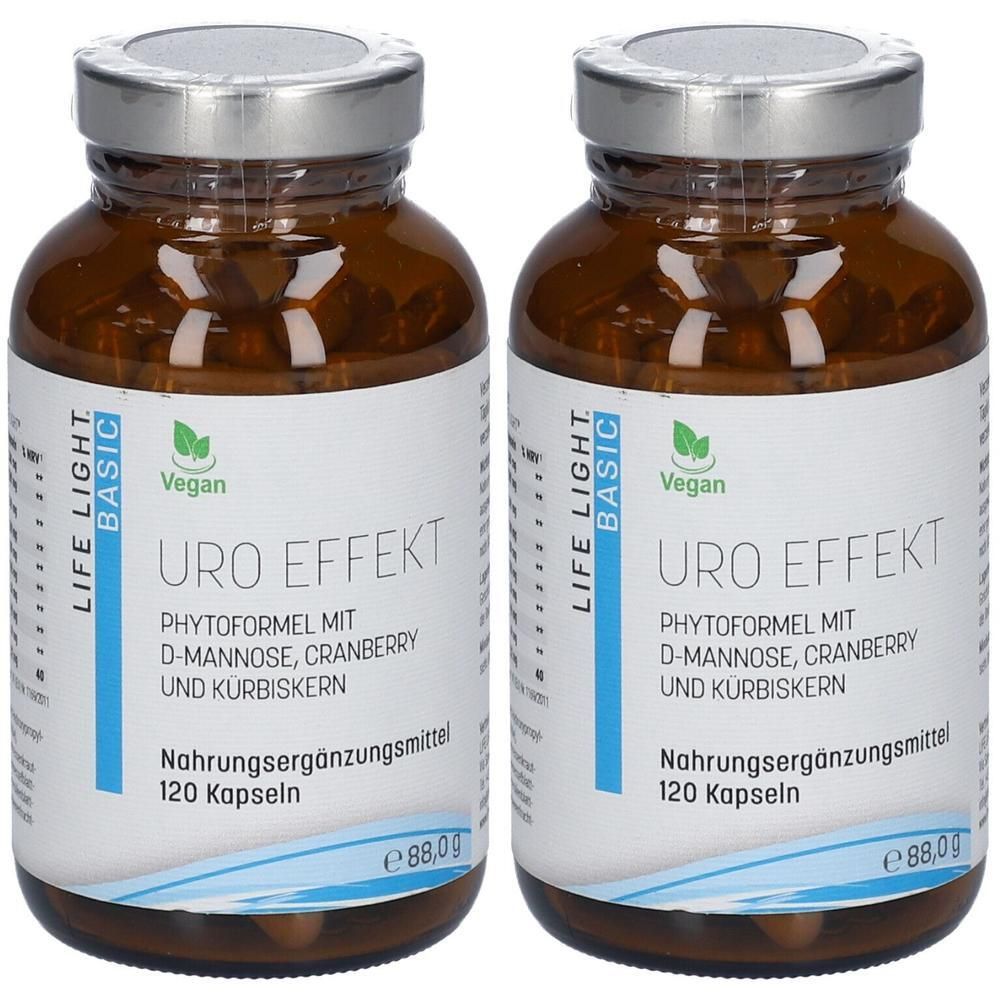 Zwei braune Glasflaschen mit silbernen Deckeln. Auf den Etiketten steht "LIFE LIGHT BASIC URO EFFEKT" und "120 Kapseln".