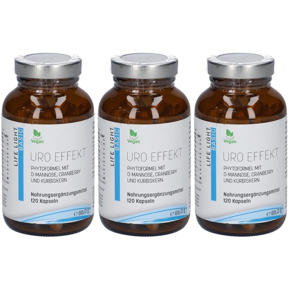 Drei braune Glasflaschen mit silbernen Deckeln. Auf den Etiketten steht URO EFFEKT, LIFE LIGHT BASIC, und Vegan. Enthält 120 Kapseln.
