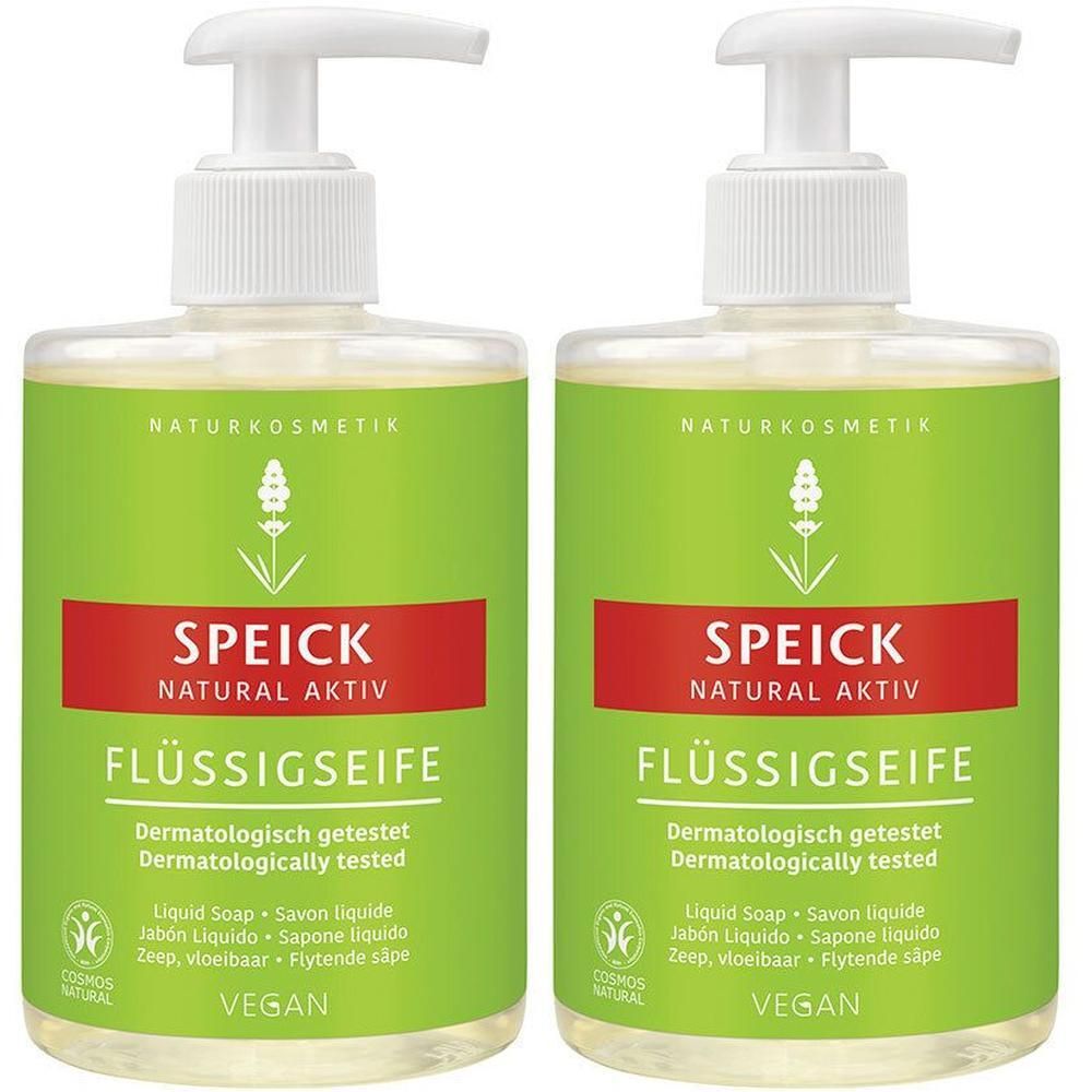Zwei Flaschen SPEICK NATURAL AKTIV Flüssigseife mit Pumpspendern. Grüne Etiketten mit weißer Schrift und Lavendel-Symbol.