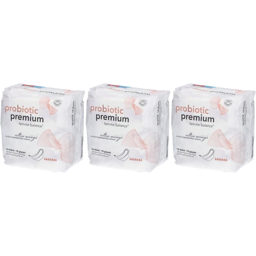 Drei Packungen mit dem Produktnamen „probiotic premium femme balance“. Weiße Verpackung mit rosa Elementen und Produktinformationen.