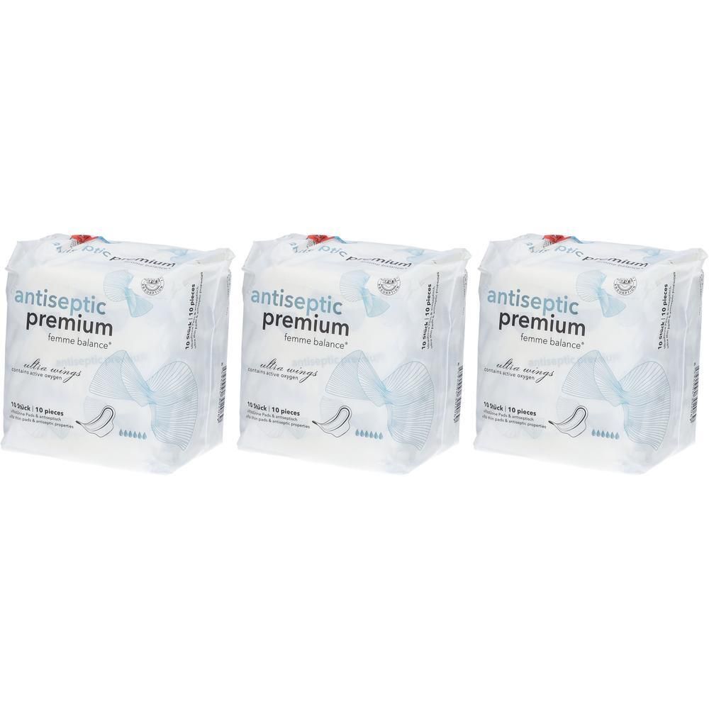 Drei Packungen Damenbinden. Aufschrift: antiseptic premium femme balance. Jede Packung enthält 10 Stück.
