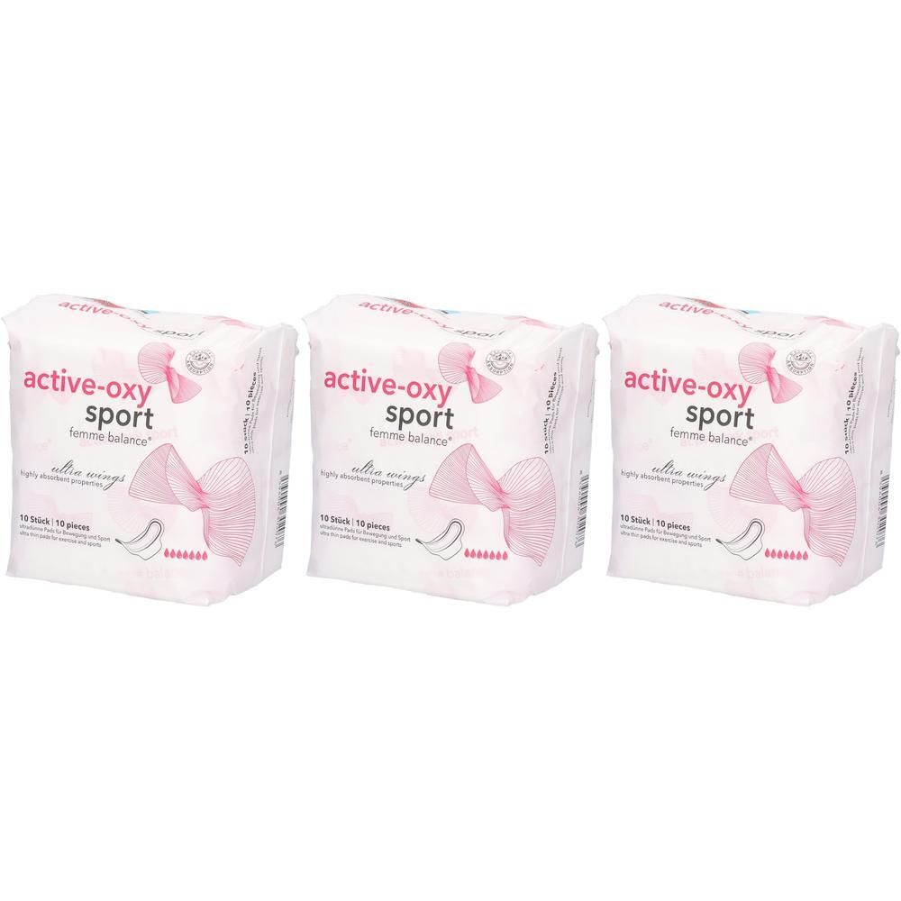 Drei Packungen Damenbinden. Aufdruck: active-oxy sport femme balance. Mit Flügeln. 14 Stück pro Packung.