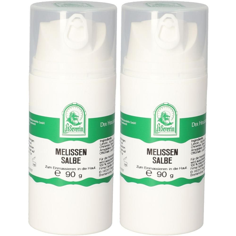 Zwei weiße Cremespendern mit grünen Etiketten. Aufschrift: Melissen Salbe. Logo: St. Severin. Transparente Kappe.