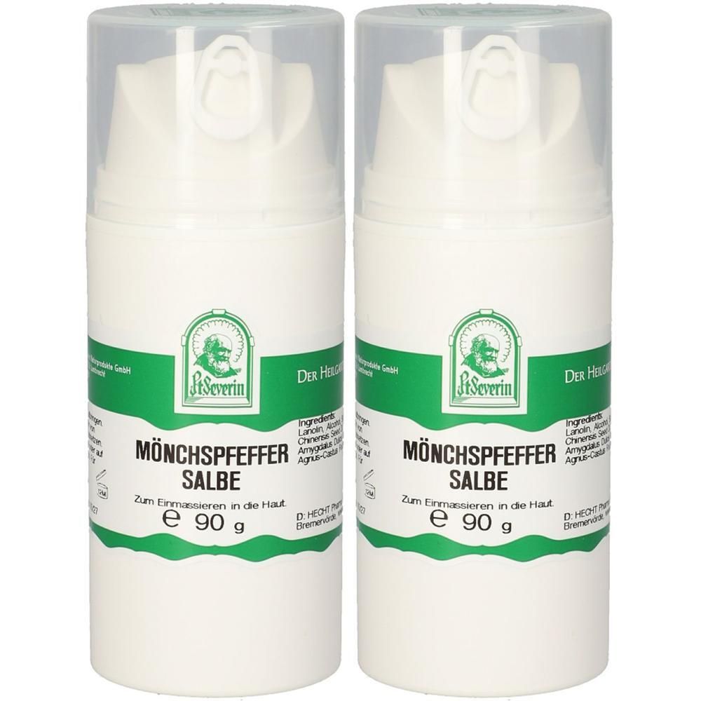 Zwei weiße Spenderflaschen mit je 90g Mönchspfeffersalbe.