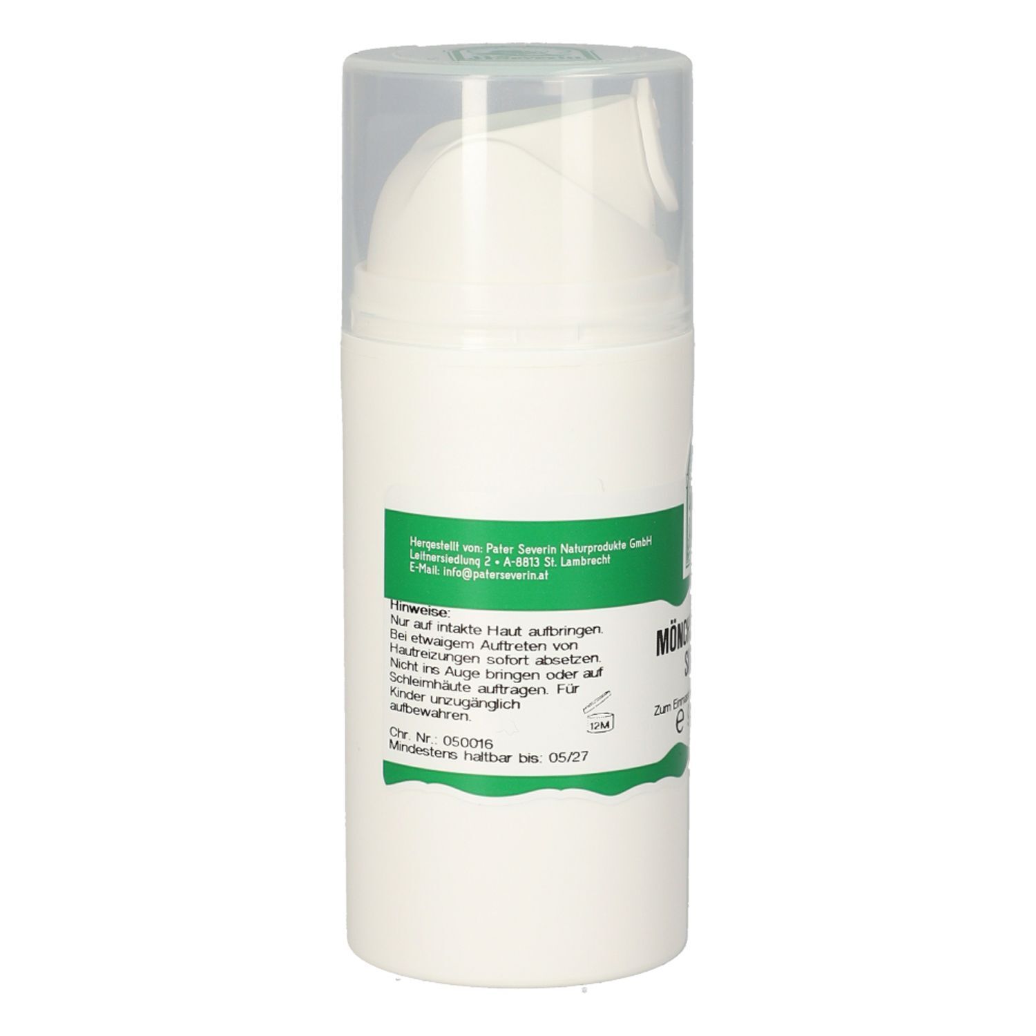 Weiße Spenderflasche mit 90g Mönchspfeffersalbe. Rücketikett mit Anwendungshinweisen und Haltbarkeitsdatum.