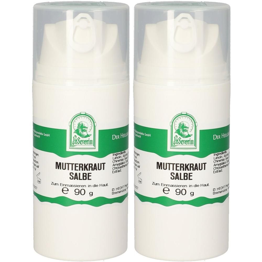 Zwei weiße Pumpspender mit je 90g Mutterkrautsalbe, St. Severin Marke.