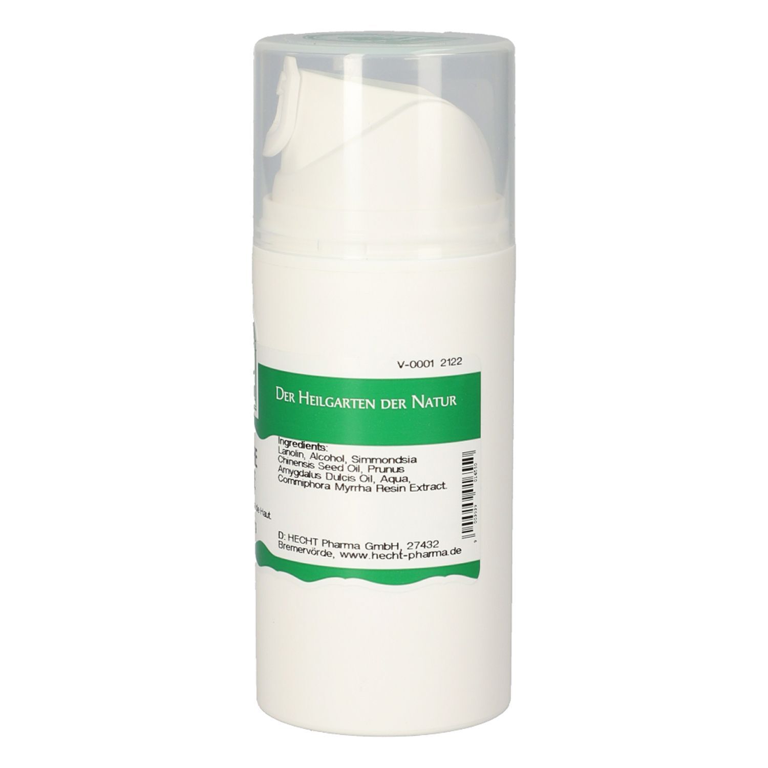 Weiße Spenderflasche mit grünem Etikett, das Inhaltsstoffe und Hersteller angibt.
