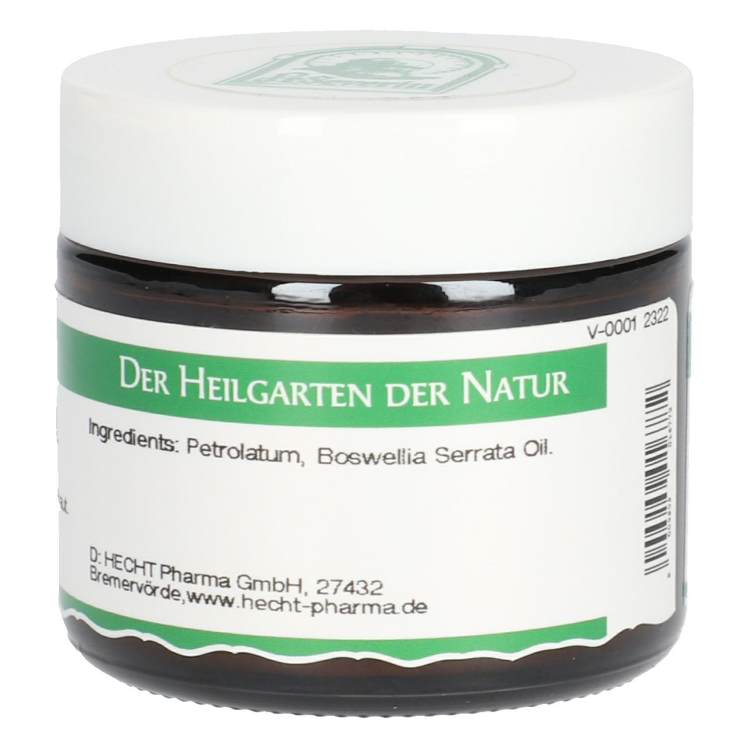 Tiegel Weihrauchölsalbe mit weißem Deckel und grüner Beschriftung. Aufschrift: Der Heilgarten der Natur, Inhaltsstoffe, Hecht Pharma.