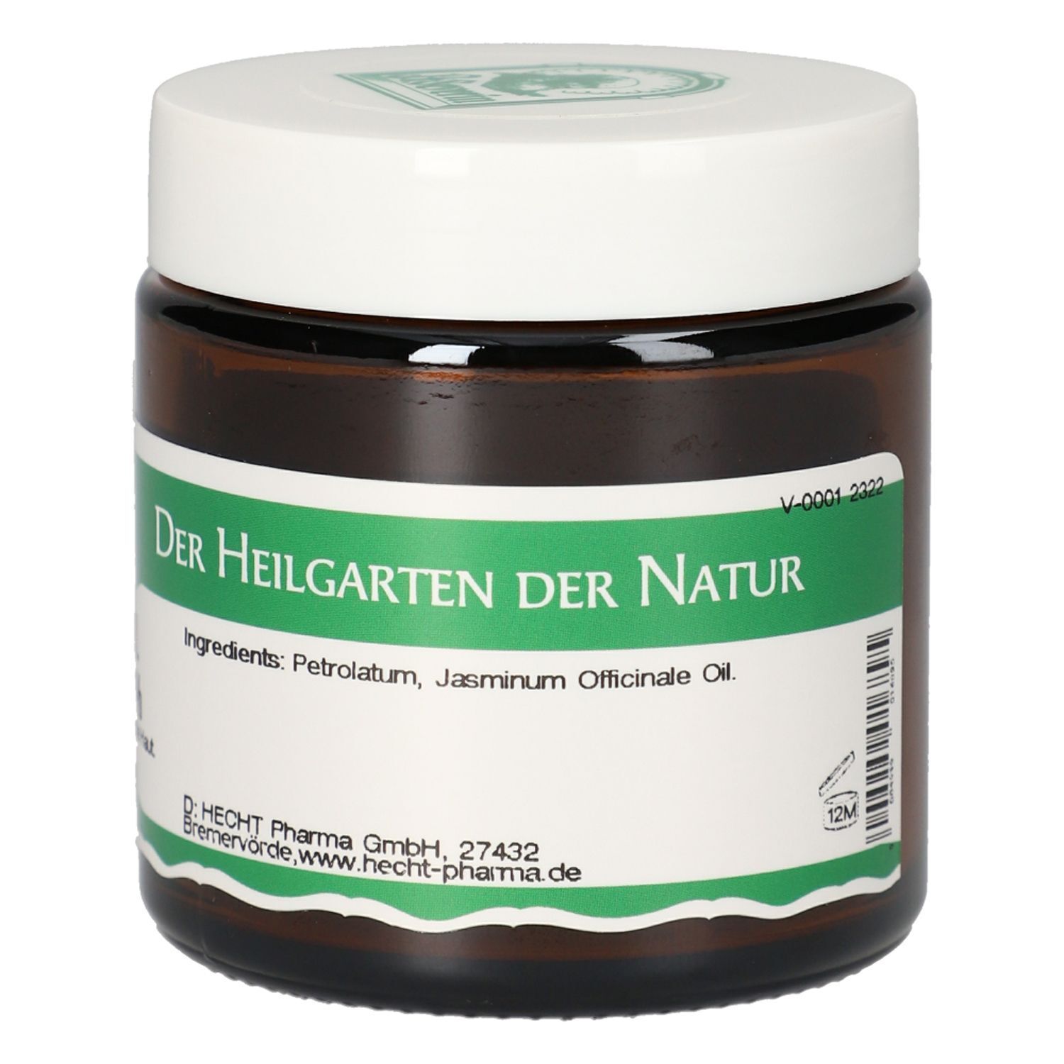 Glas mit weißem Deckel und grünem Etikett. Text: Der Heilgarten der Natur, Jasminölsalbe 1,5 %, Inhaltsstoffe, 12M.
