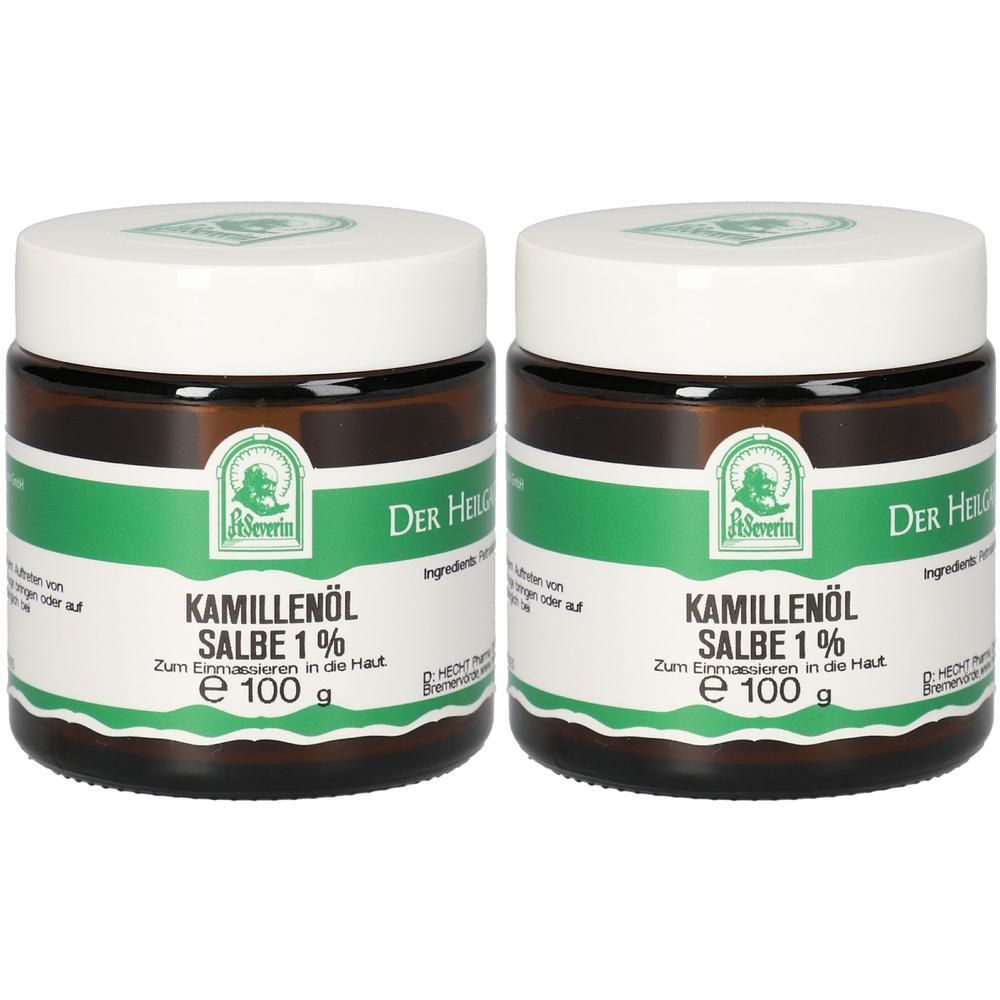Zwei Gläser Kamillenölsalbe 1% mit weißen Deckeln und grünen Etiketten. Inhalt je 100g.