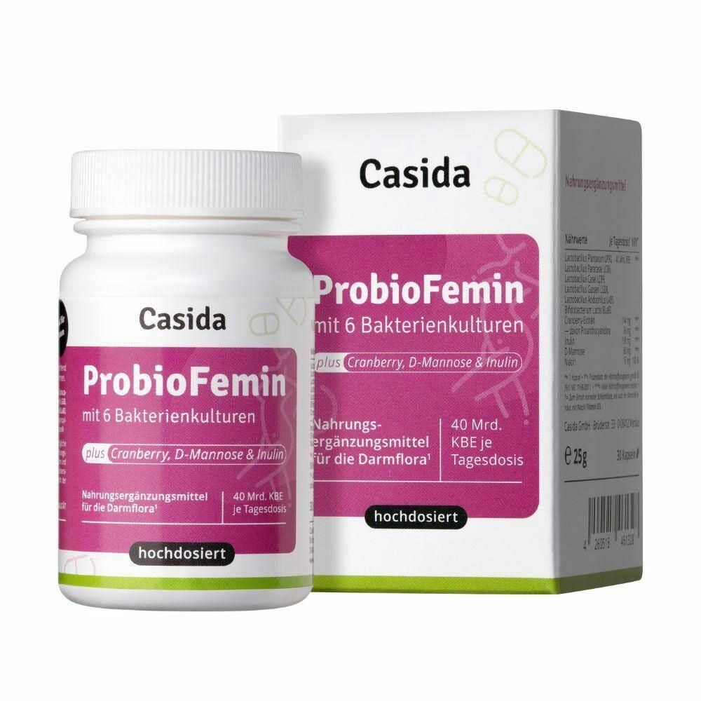 Weiße Flasche und Karton mit Produktnamen ProbioFemin. Aufschrift: mit 6 Bakterienkulturen, plus Cranberry, D-Mannose & Inulin.