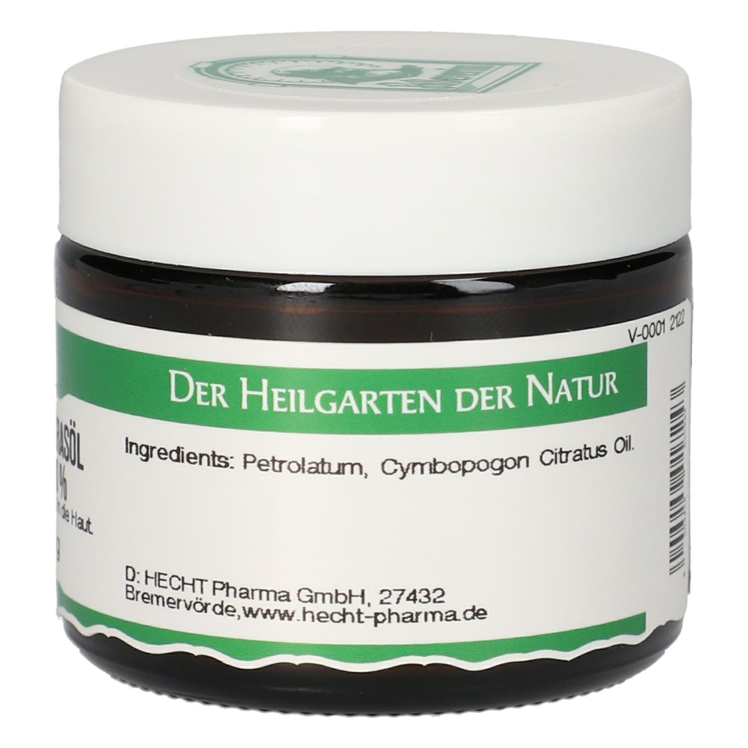 Ein Glas St. Severin Zitronengrasöl Salbe 10 % mit Etikett 'Der Heilgarten der Natur'.