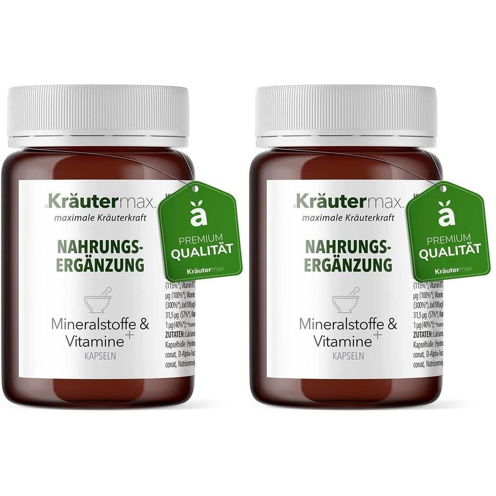 Zwei braune Flaschen mit weißen Deckeln. Auf den Etiketten steht "Kräutermax Mineralstoffe & Vitamine+" und "Premium Qualität".