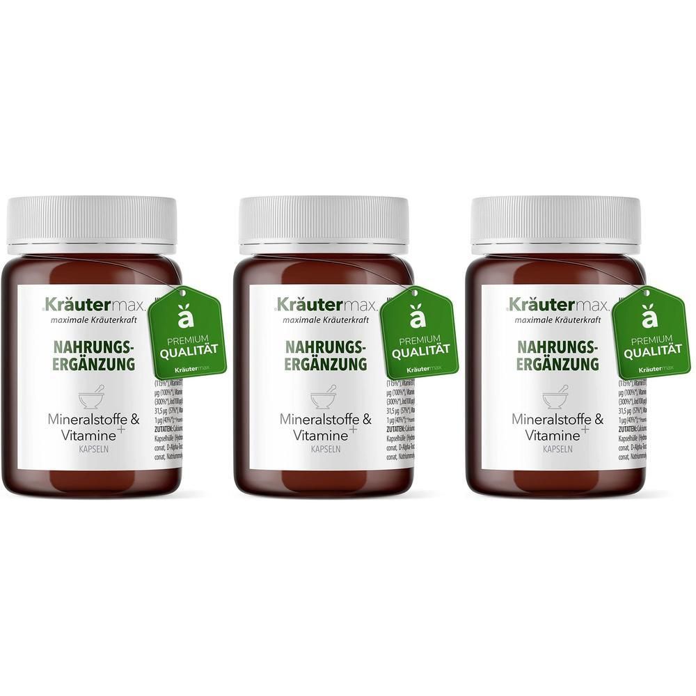 Drei braune Flaschen mit weißen Deckeln. Auf den Etiketten steht "Kräutermax Mineralstoffe & Vitamine+". Grüne Anhänger mit "Premium Qualität".