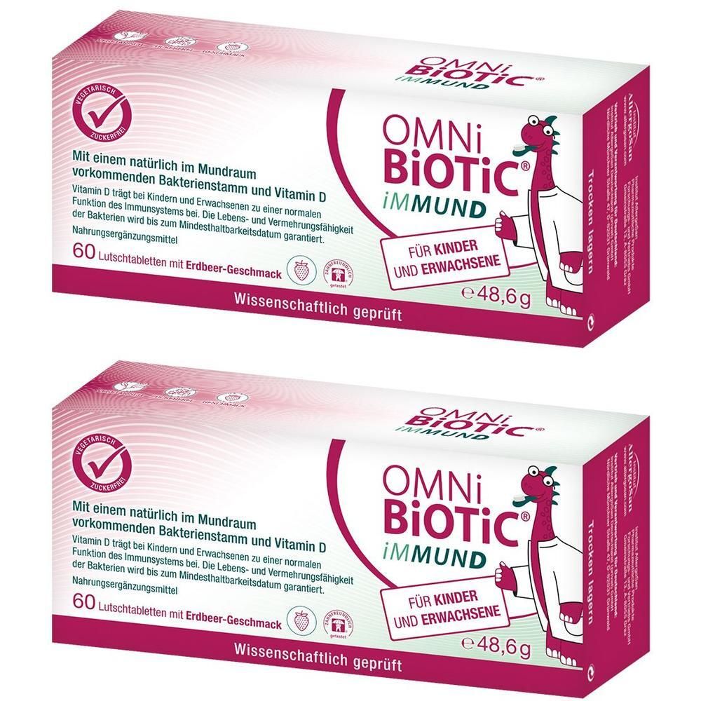Zwei rechteckige Kartons mit der Aufschrift OMNi-BiOTiC iMMUND. Aufdrucke: 60 Lutschtabletten, Erdbeer-Geschmack, wissenschaftlich geprüft.