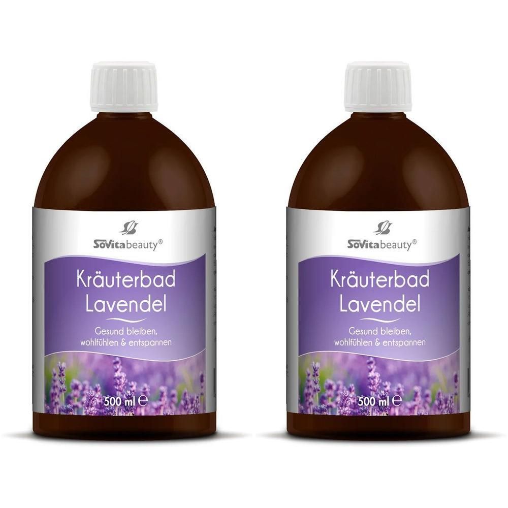 Zwei Flaschen SoVitabeauty Kräuterbad Lavendel. Braune Flüssigkeit, weißer Deckel, lila Etikett mit Lavendel-Abbildung.