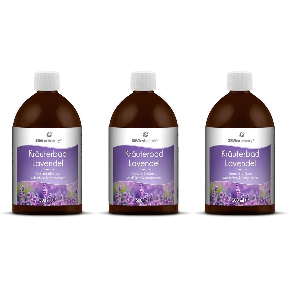 Drei Flaschen SoVitabeauty Kräuterbad Lavendel. Braune Flaschen mit weißem Deckel und lila Etikett mit Lavendel-Motiv.