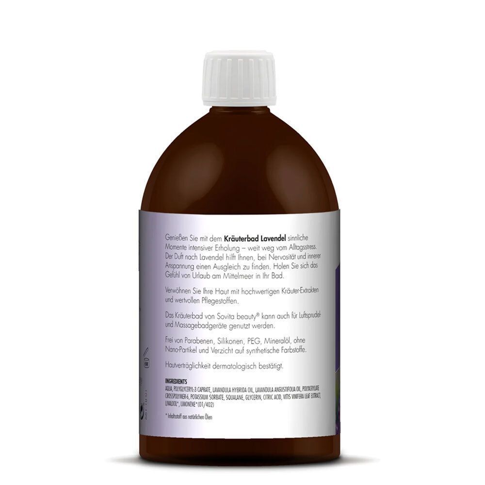 Rückseite einer braunen Flasche SoVitabeauty Kräuterbad Lavendel. Weißer Deckel, Etikett mit Text und Inhaltsstoffen.