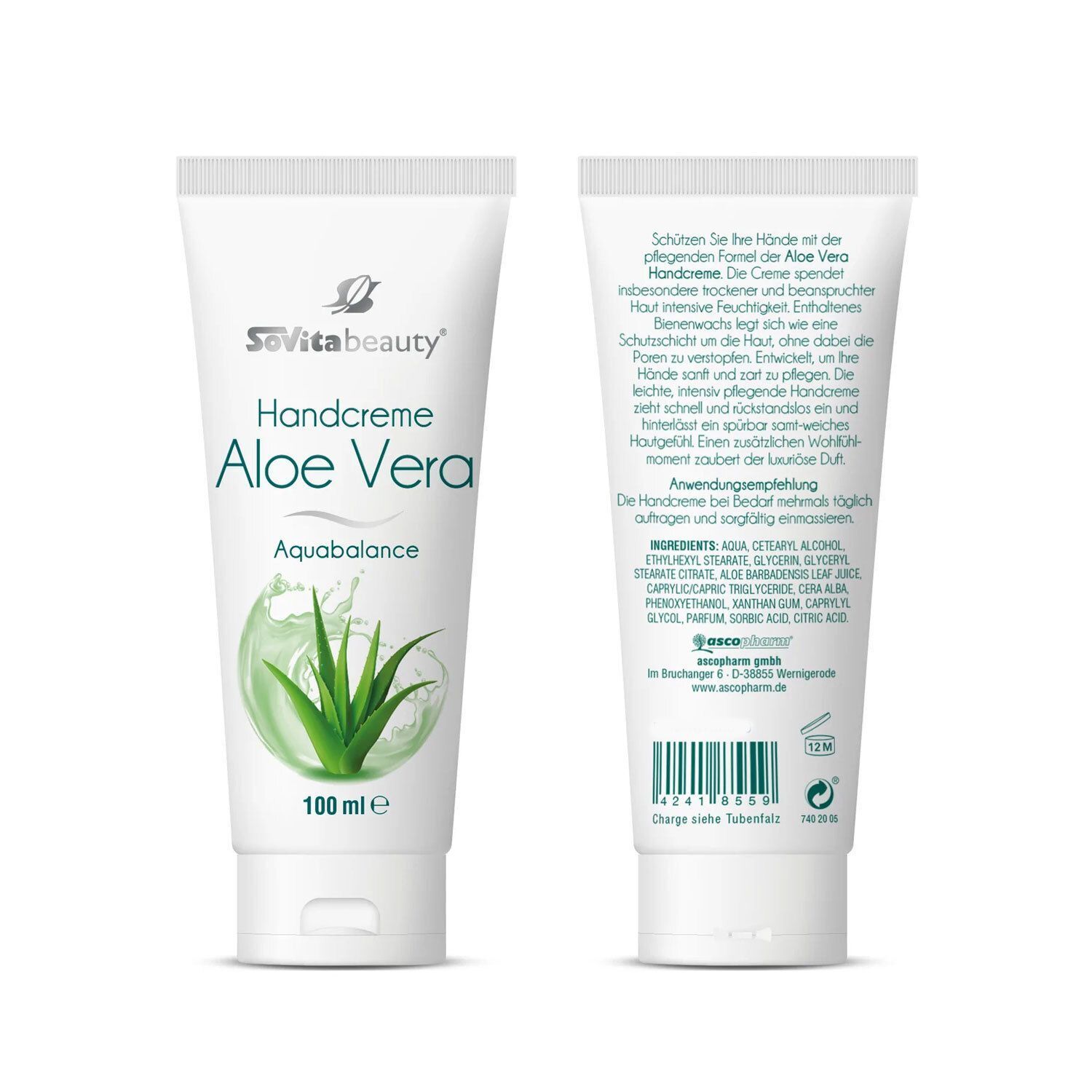 Handcreme-Tube Aloe Vera, Vorder- und Rückseite. Weiß, grünes Aloe Vera-Motiv, Produktname. Text: Inhaltsstoffe, Anwendungsempfehlung.