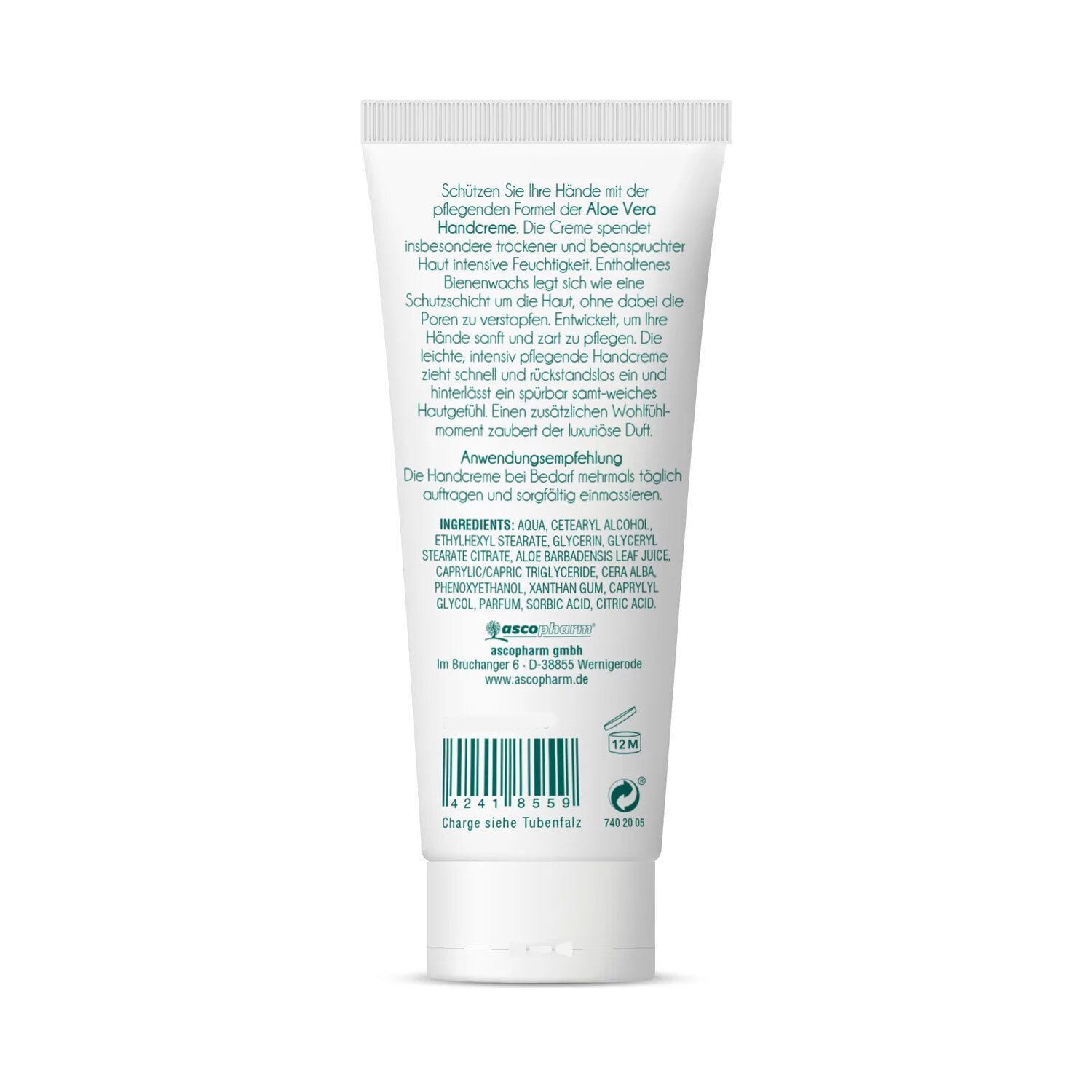 Rückseite einer Handcreme-Tube Aloe Vera. Weiß, grüner Text. Text: Inhaltsstoffe, Anwendungsempfehlung, Herstellerinformationen.