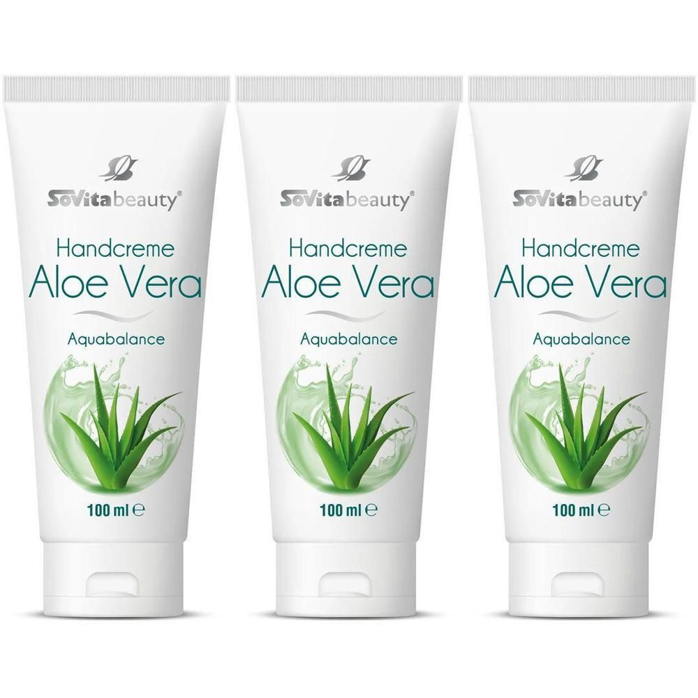 Drei Tuben SoVitabeauty® Handcreme Aloe Vera. Weiße Tuben mit grünen Akzenten und Aloe Vera-Motiv. Text: Handcreme, Aquabalance, 100 ml.