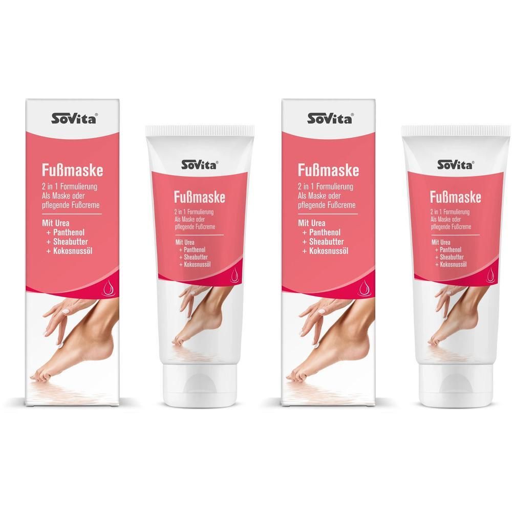 Vier Tuben SoVita Fußmaske mit Verpackung. Rosa-weiße Verpackung, Produktname und Inhaltsstoffe aufgedruckt. Füße abgebildet.