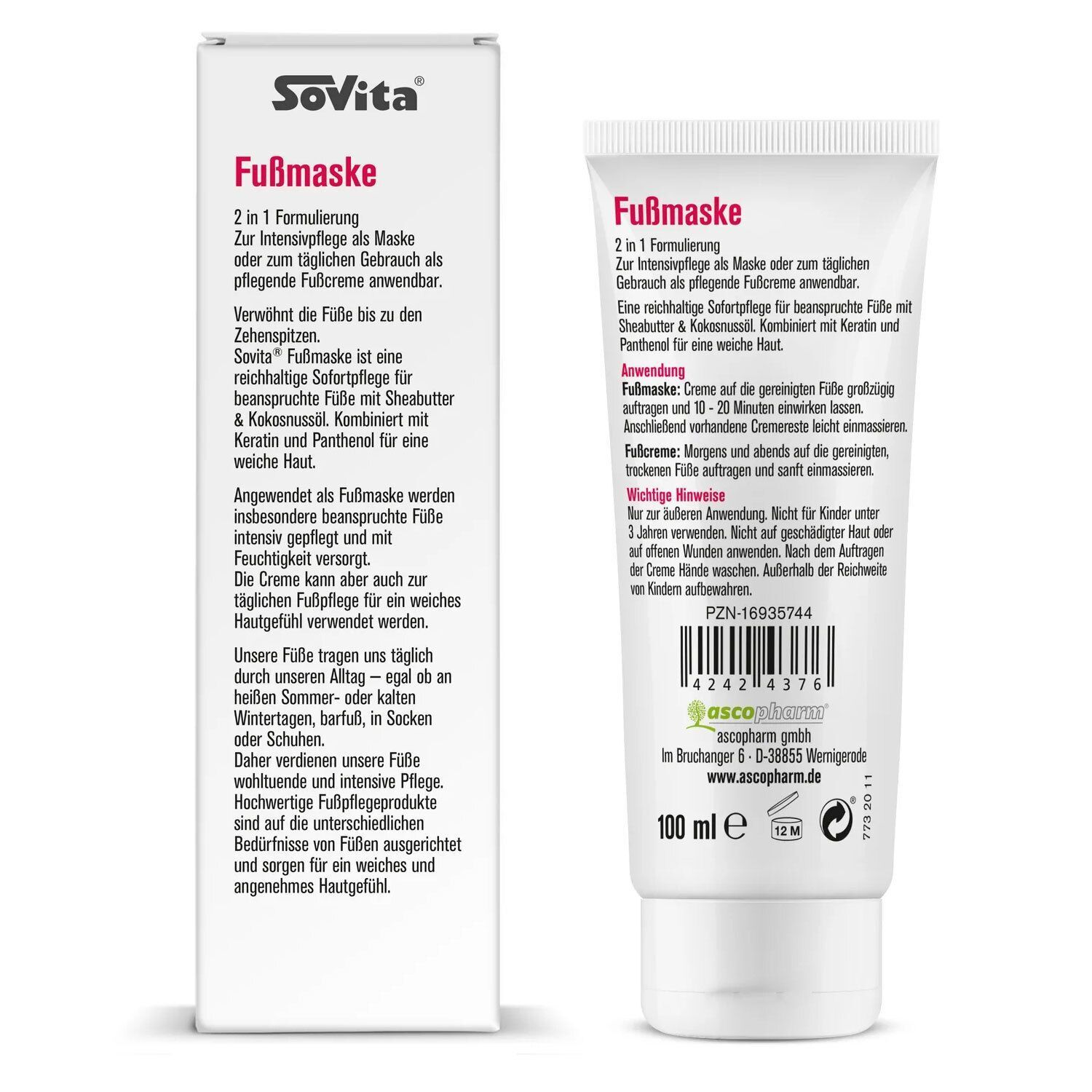 SoVita Fußmaske Tube und Verpackung. Weiße Tube, Produktname und Inhaltsstoffe. Verpackung mit Text und Illustrationen.