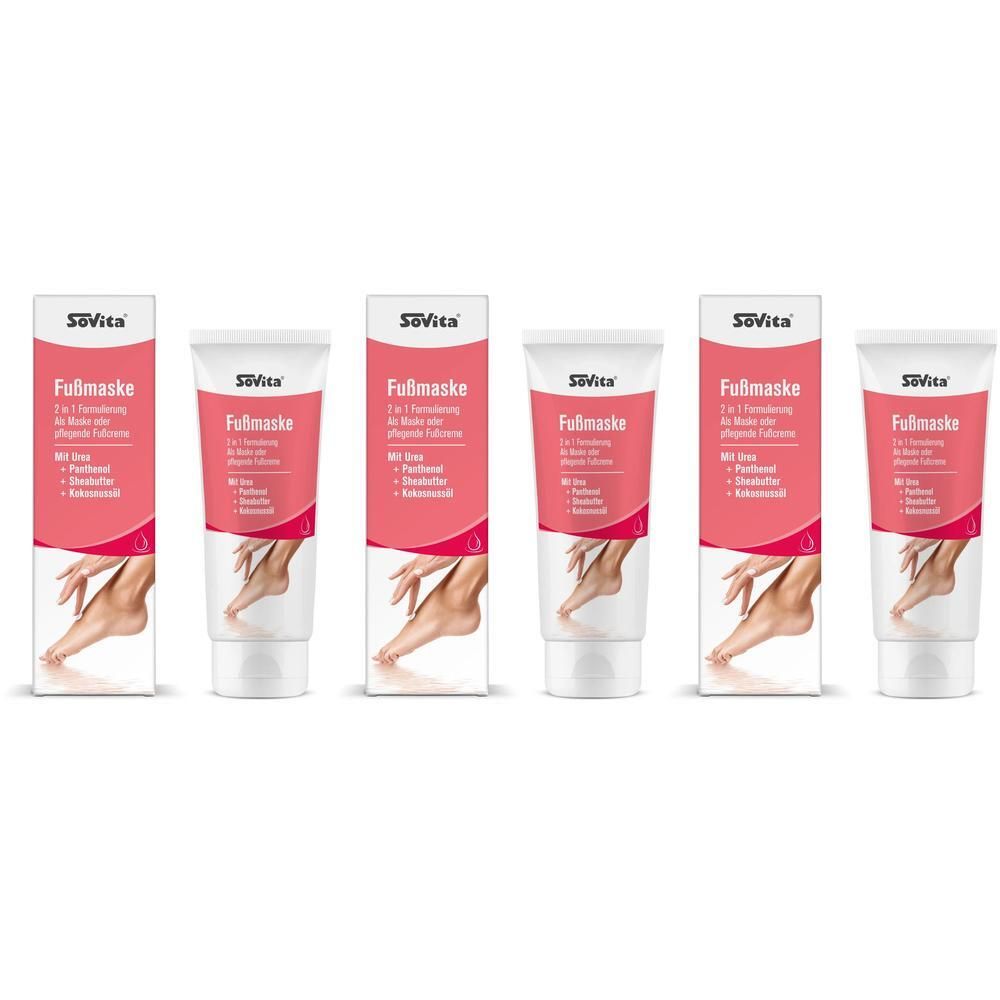 Sechs Tuben SoVita Fußmaske mit Verpackung. Rosa-weiße Verpackung, Produktname und Fußabbildung.